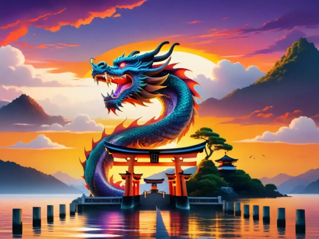 Un majestuoso dragón rodea la puerta torii flotante de Itsukushima al atardecer, influencia mitología japonesa anime