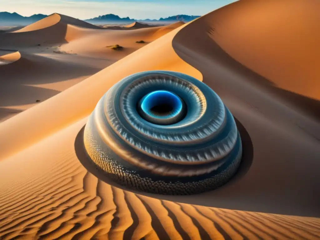 Majestuoso gusano de arena de Arrakis en su exploración del ecosistema, con ojos azules brillantes y patrones intrincados