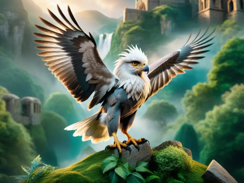 Un majestuoso Hipogrifo surca un bosque místico, evocando la influencia de la mitología griega en Harry Potter