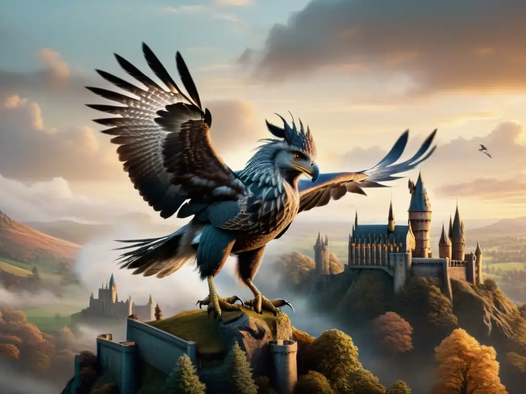 Un majestuoso Hipogrifo surca los cielos al atardecer sobre el castillo de Hogwarts, evocando la magia de los dioses griegos en Harry Potter