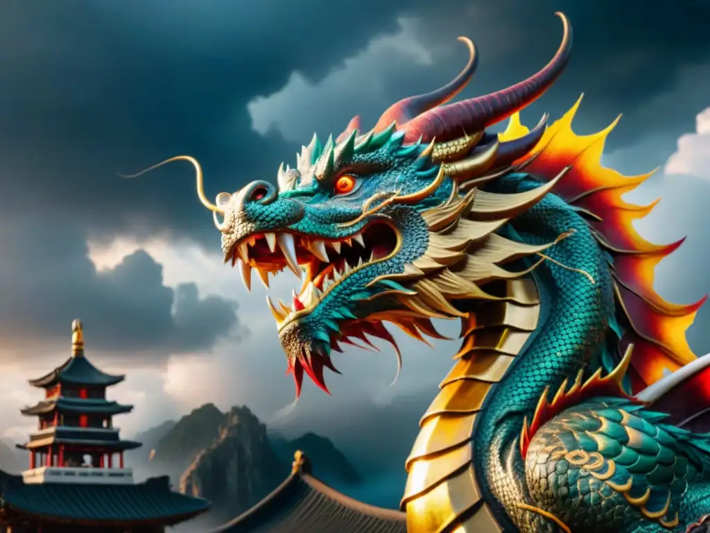 Dragón majestuoso de influencia mitológica china en un escenario cinematográfico impresionante