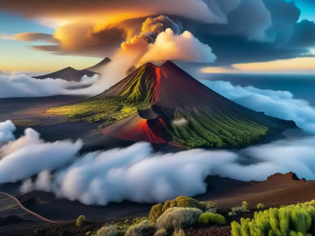 Volcán majestuoso en las Islas Canarias, con vegetación vibrante y nubes dramáticas, creando una escena mística al atardecer