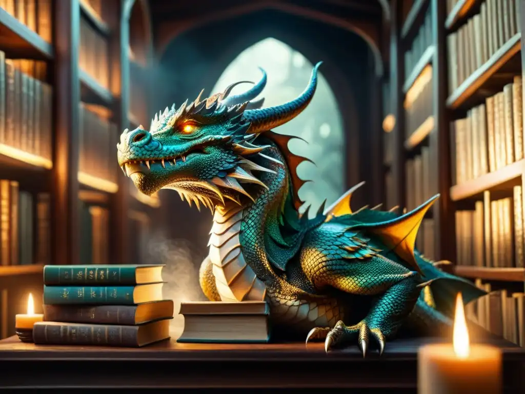 Un majestuoso dragón reposa sobre libros antiguos en una biblioteca iluminada por velas