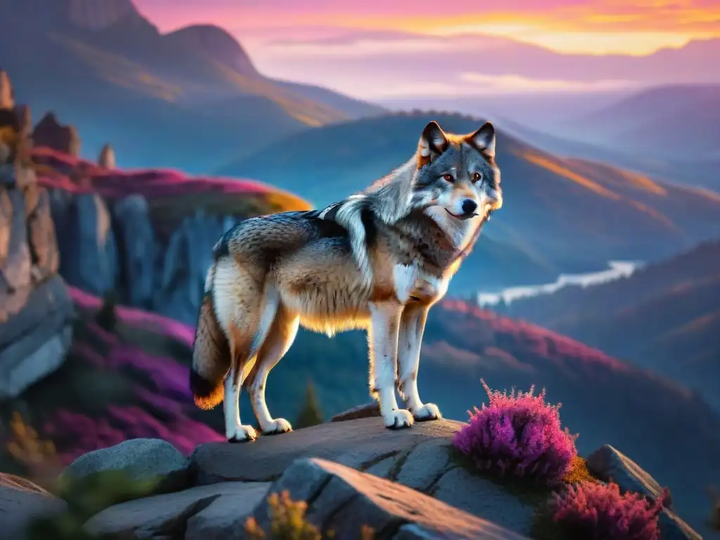 Majestuoso lobo gris en acantilado al atardecer, con mirada intensa