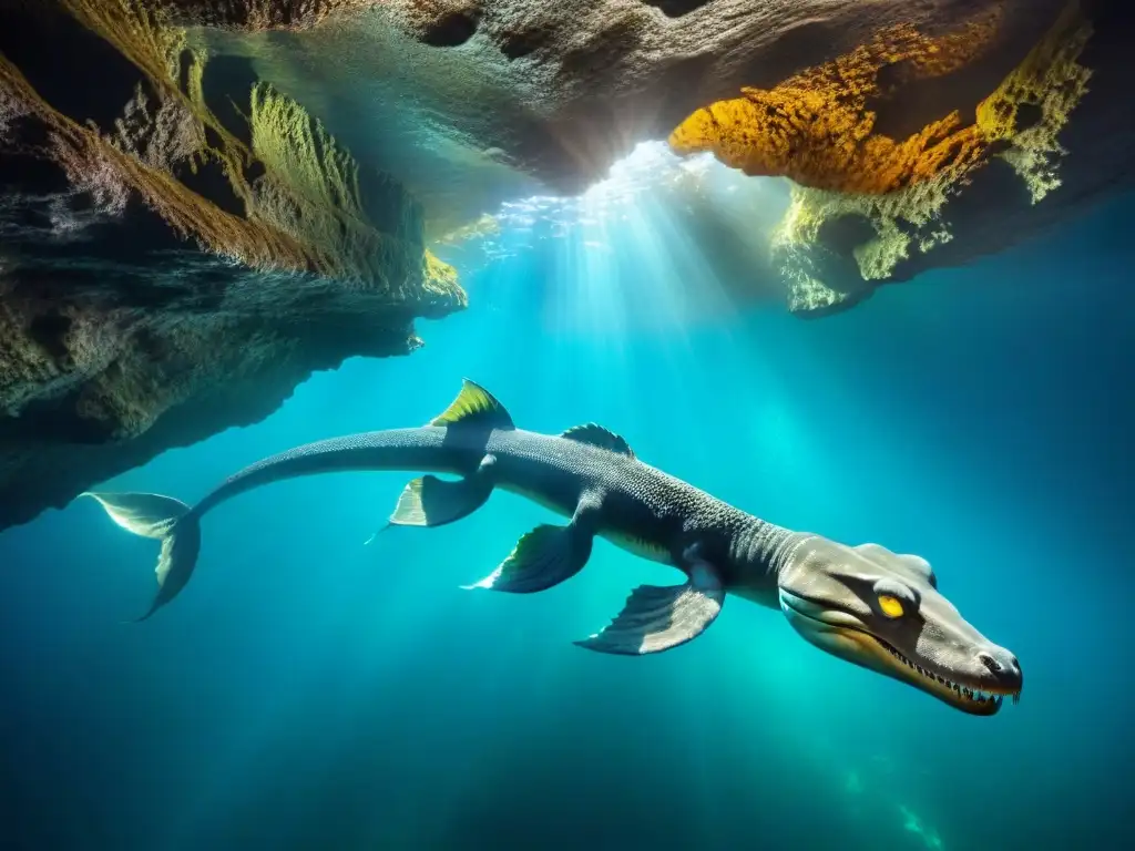 Un majestuoso dragón marino nadando en una cueva submarina, evocando asombro y peligro