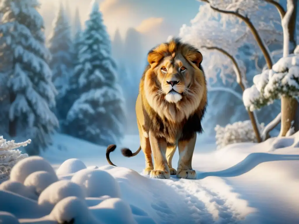 León dorado en bosque nevado: magia y poder en Narnia Un majestuoso león con melena dorada en un bosque nevado, simbolizando los cristianos en Narnia
