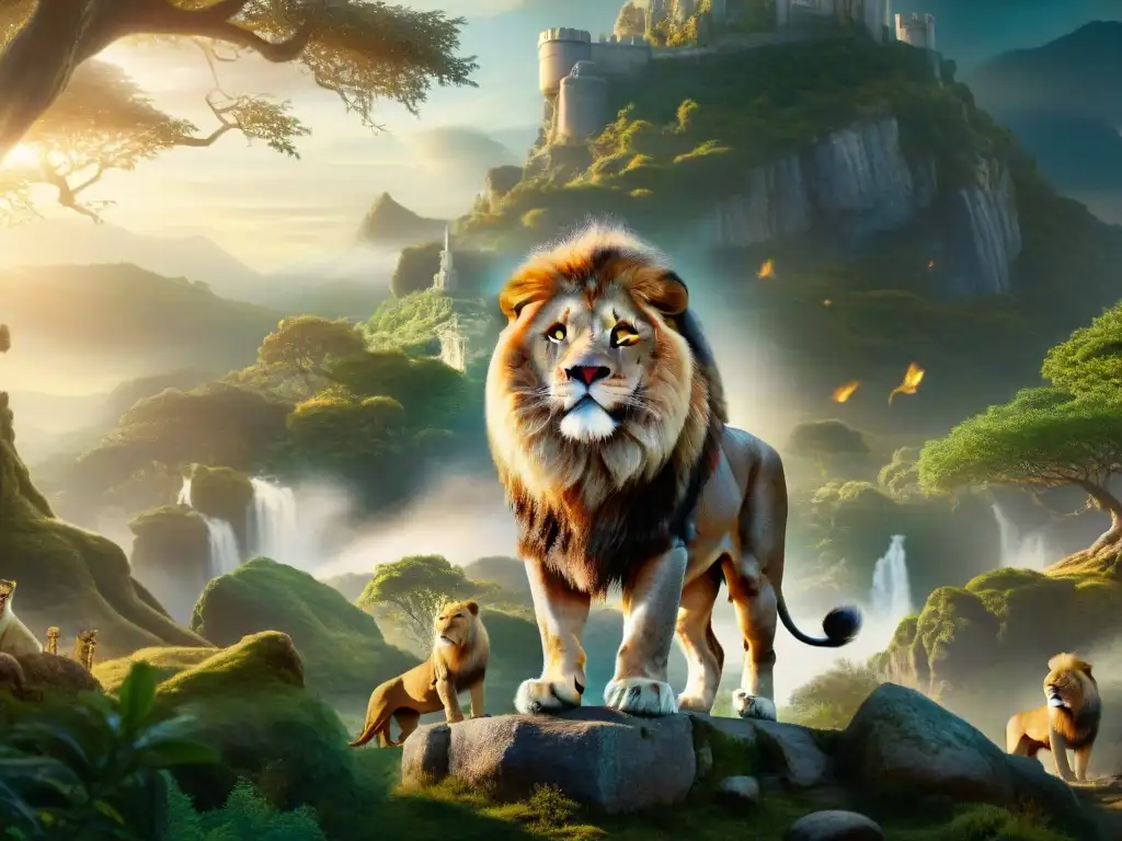 Reverencia y misterio: debate simbólico en Narnia Un león majestuoso con melena dorada en un bosque místico iluminado por una luz suave