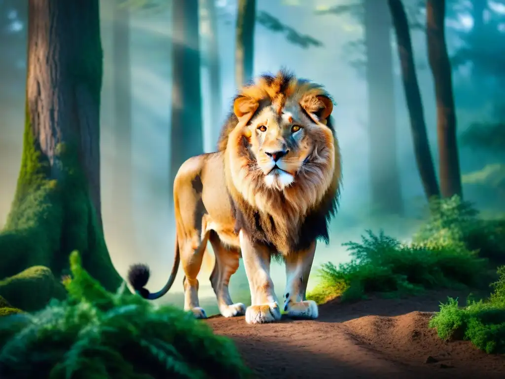 León dorado en bosque místico, rodeado de criaturas mágicas Un león majestuoso con melena dorada en un bosque místico iluminado por una luz etérea