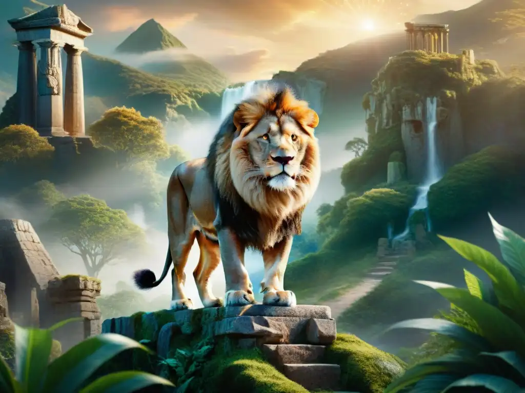 Majestuoso león estelar en bosque mágico de Narnia Un león majestuoso con melena de estrellas en un bosque místico