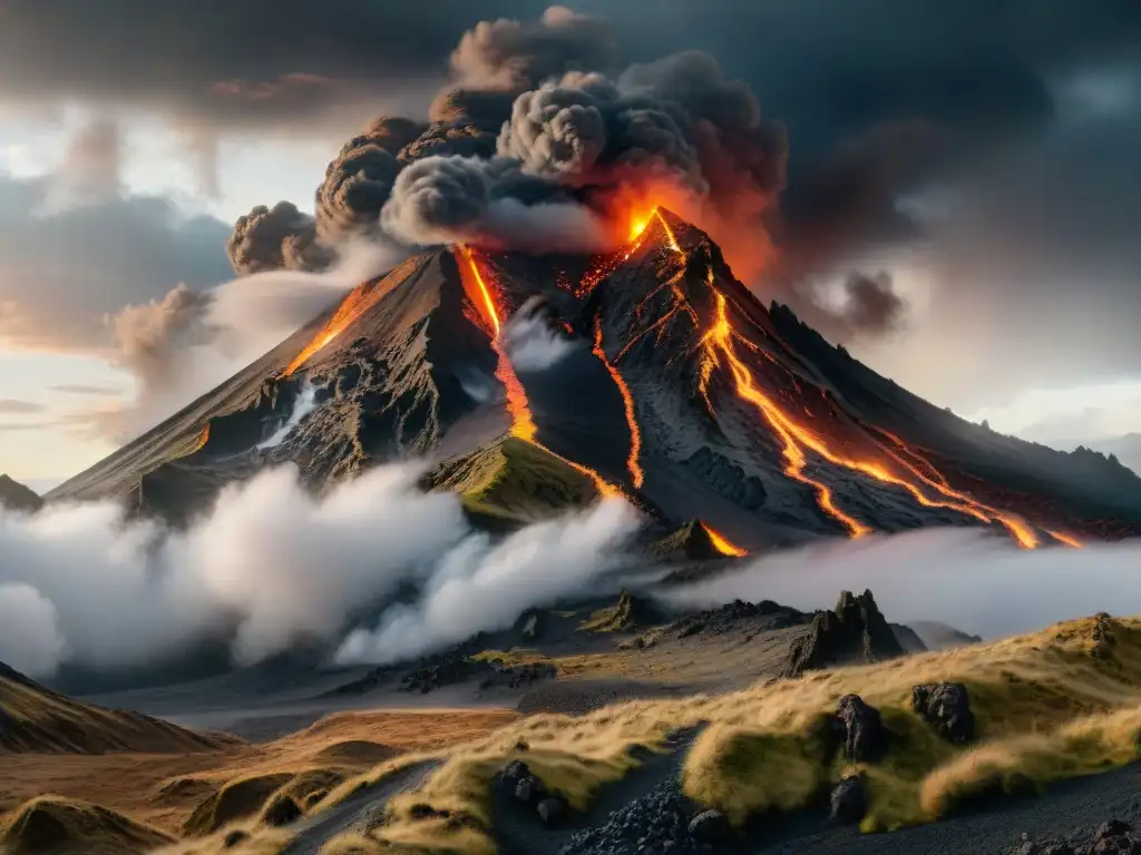 El majestuoso Monte del Destino se alza con su pico rodeado de nubes oscuras y lava fundida, mostrando su poder geológico