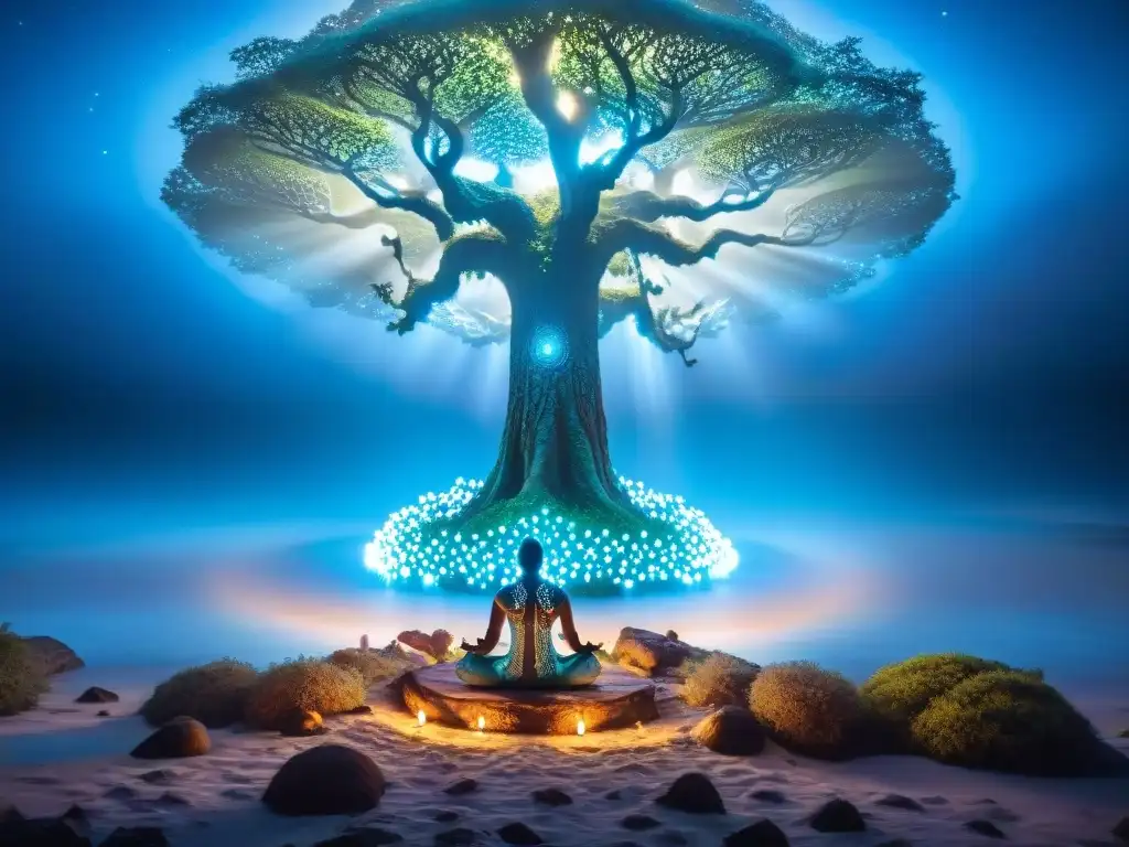 Majestuoso mundo alienígena con seres azules en ritual alrededor del árbol de la vida