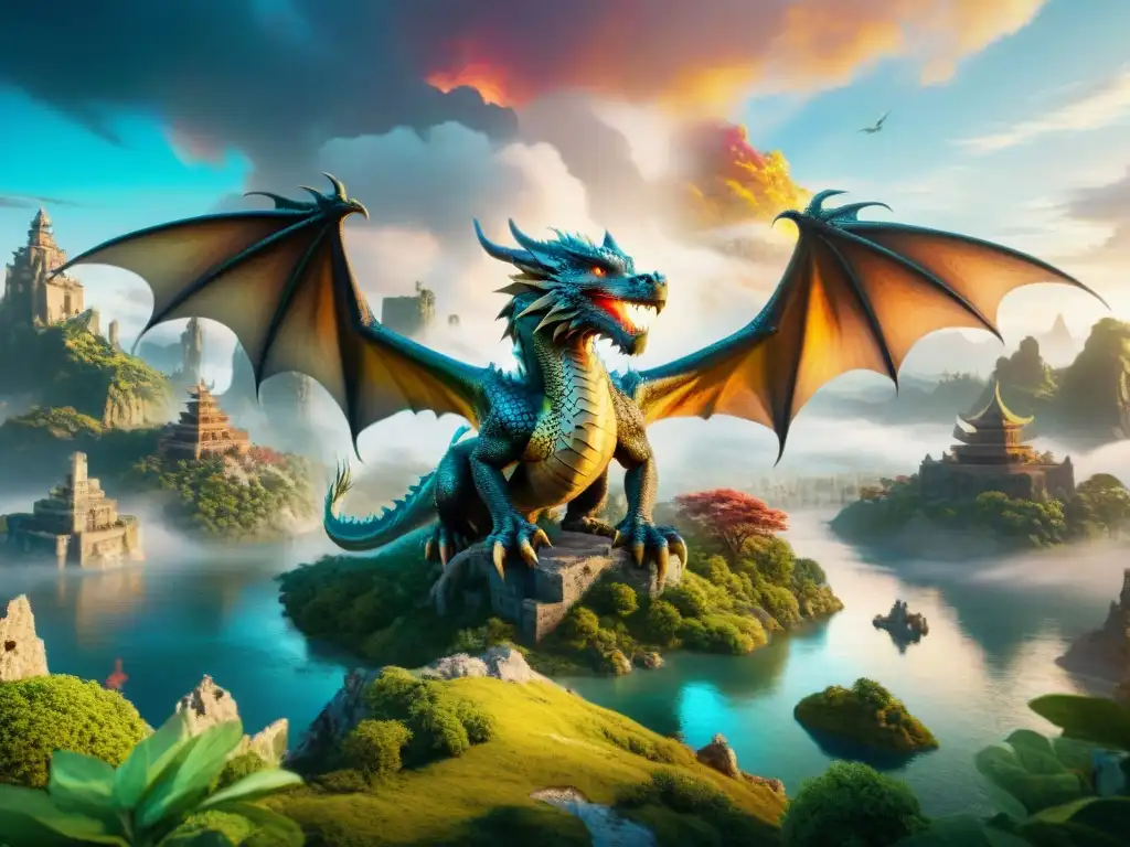 Un majestuoso dragón surca un mundo virtual místico y vibrante, rodeado de criaturas míticas en universos ficticios