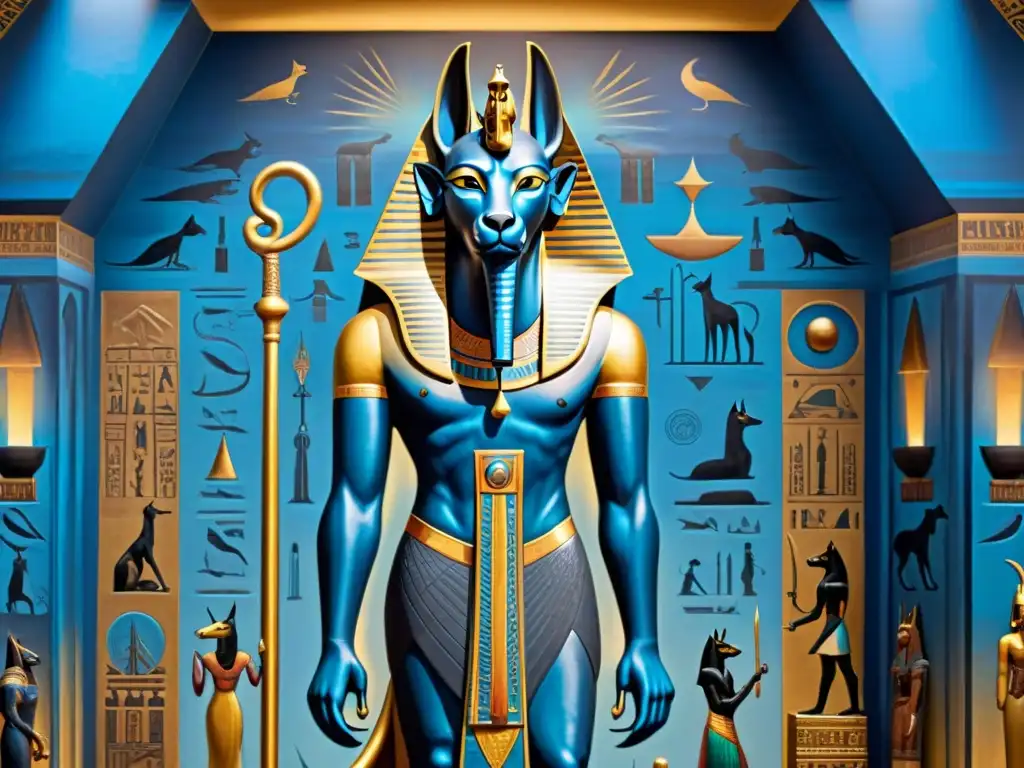 Un majestuoso mural de Anubis, dios egipcio, rodeado de jeroglíficos y símbolos del más allá