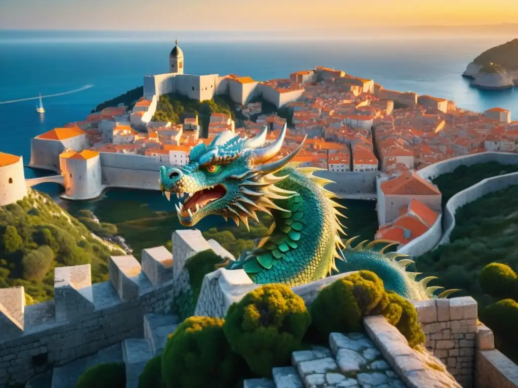 Un majestuoso dragón mitológico rodea las murallas de Dubrovnik al atardecer, sus escamas brillan con la luz dorada del sol