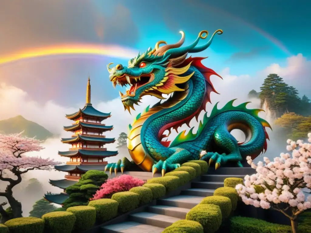 Dragón majestuoso rodeando pagoda en paisaje místico con elementos orientales y occidentales