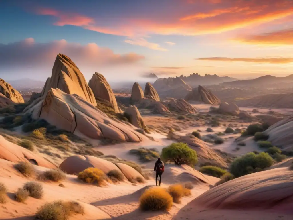 Un majestuoso paisaje alienígena en Vasquez Rocks al atardecer, con sus formaciones rocosas en silueta contra un cielo vibrante multicolor