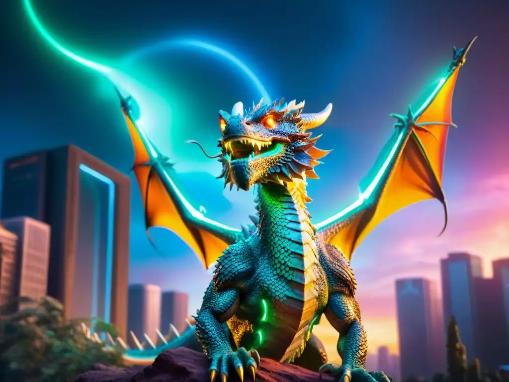 Un majestuoso dragón surca un paisaje digital vibrante, con luces de neón iluminando sus escamas iridiscentes