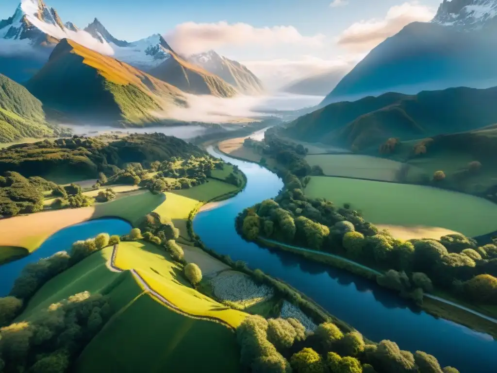 Un majestuoso paisaje natural de la Tierra Media, con el río Anduin serpenteando entre valles verdes y montañas nevadas bajo un cielo azul