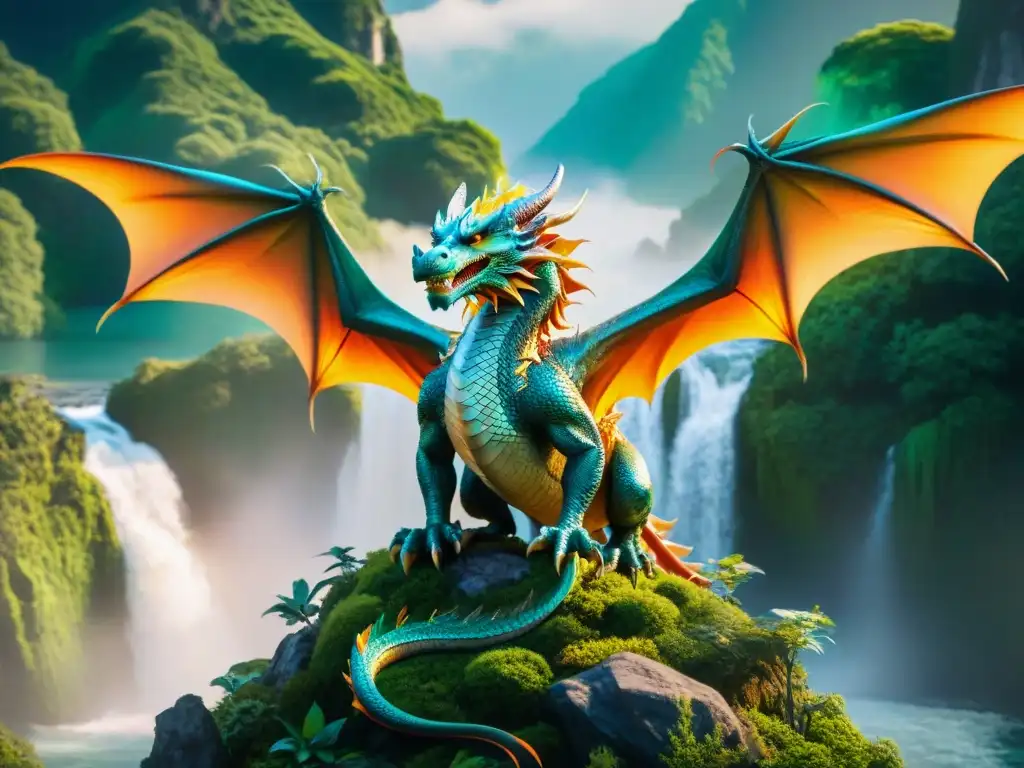 Un majestuoso dragón surca un paisaje vibrante con islas flotantes y cascadas, exudando poder y misterio