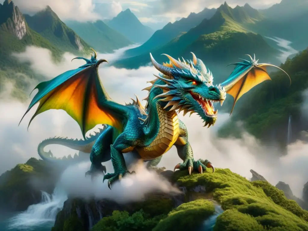 Un majestuoso dragón vuela en un paisaje vibrante y mágico