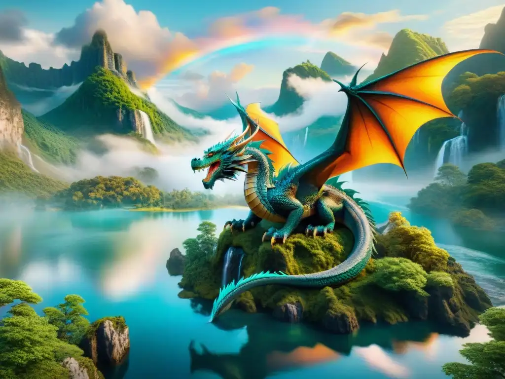 Un majestuoso dragón vuela sobre un paisaje vibrante y místico, invitando a adentrarse en un mundo de criaturas fantásticas realidad aumentada