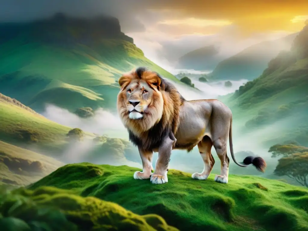 Un león majestuoso con pelaje dorado brillante, emana sabiduría y poder en un paisaje fantástico