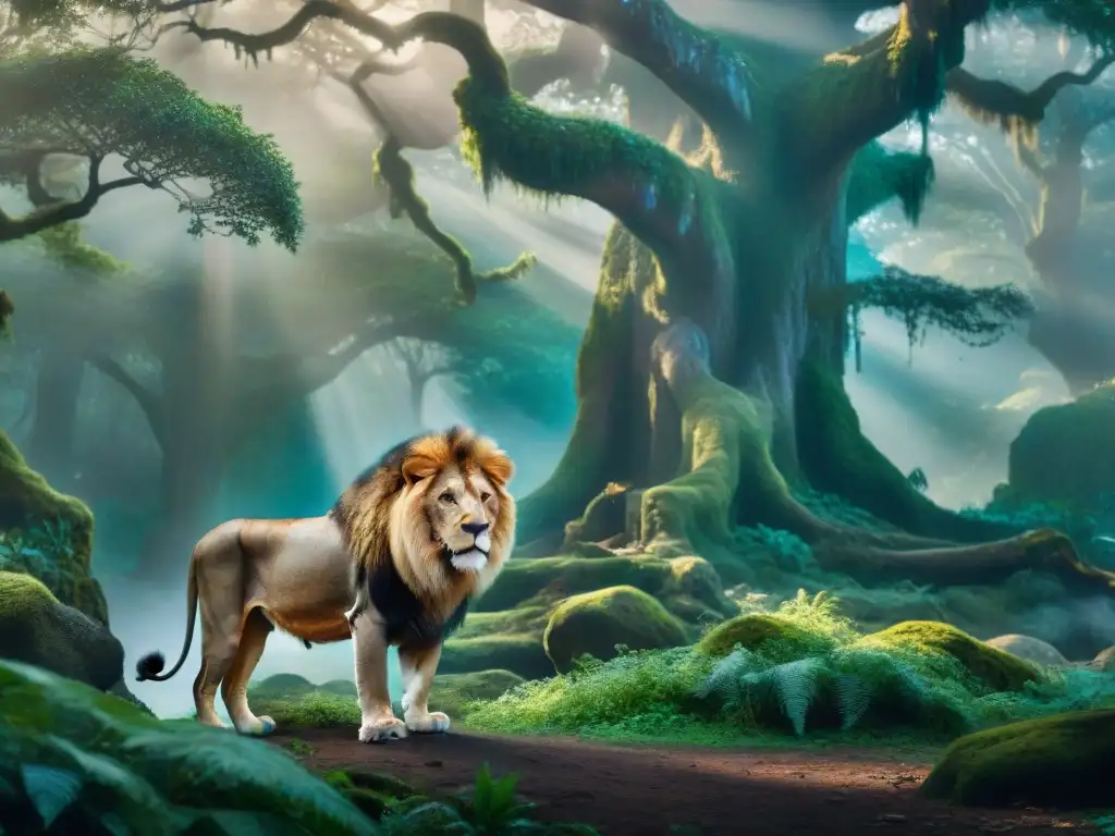 Un majestuoso león y una regia leona junto a un armario místico en un bosque encantado, evocando la Guerra Espiritual en Narnia