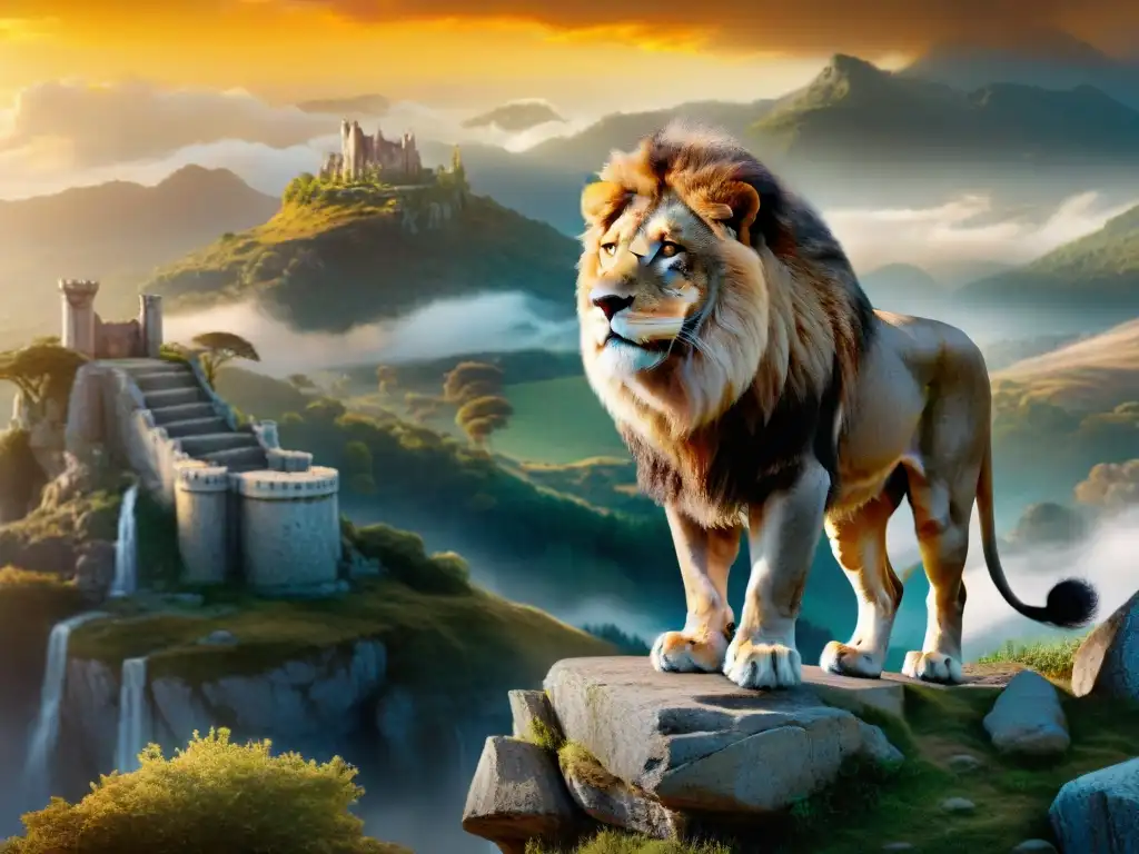 Aslan, el majestuoso león, observa su reino mágico al atardecer