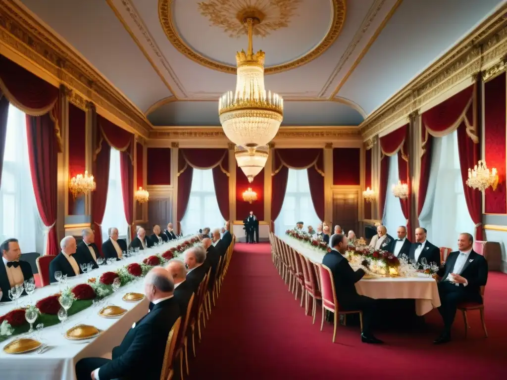 Majestuoso salón de baile en Buckingham Palace, escena de opulencia y elegancia en 'The Crown'