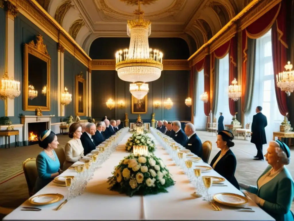 Un majestuoso salón de banquetes en el Palacio de Buckingham durante la era de la Reina Isabel II