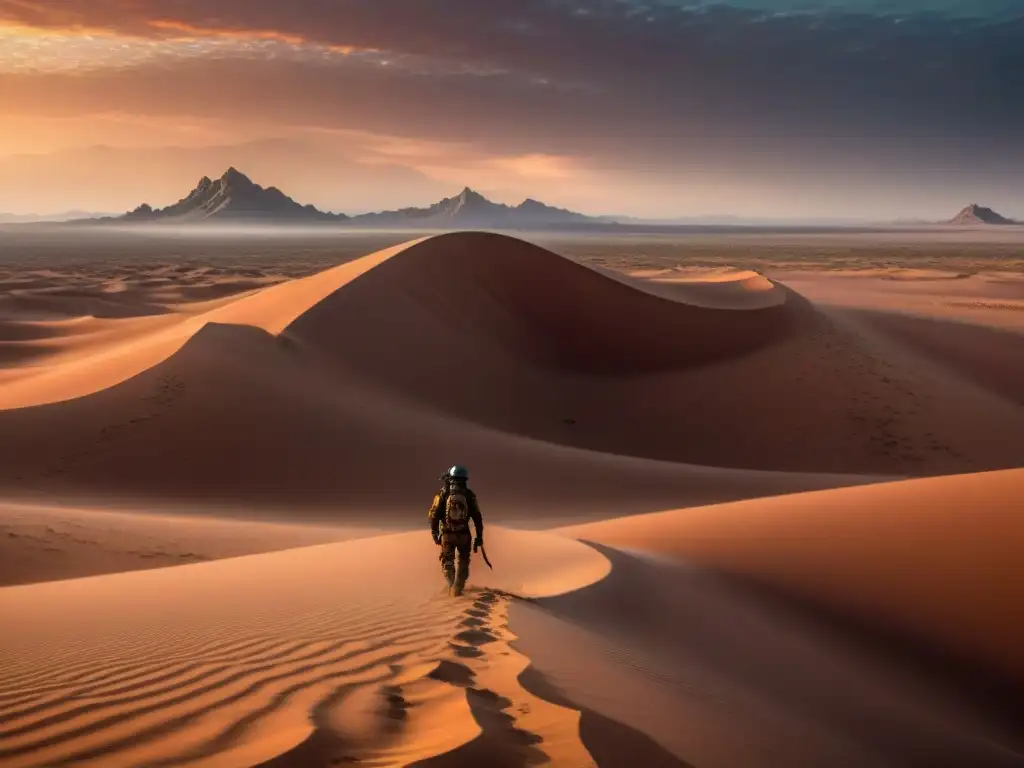 Un majestuoso sandworm emerge en Arrakis bajo un cielo rojo sangre, preparándose para devorar un recolector de especia