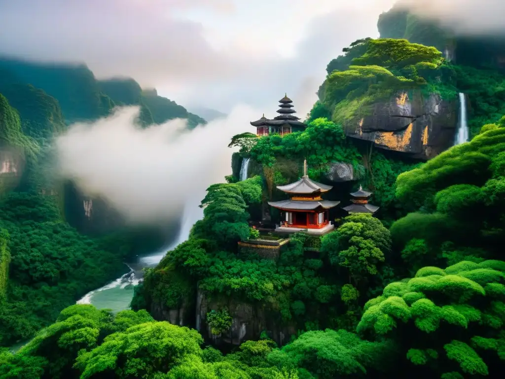 Majestuoso templo en un acantilado, rodeado de vegetación exuberante y cascadas, con deidades de mundos ficticios