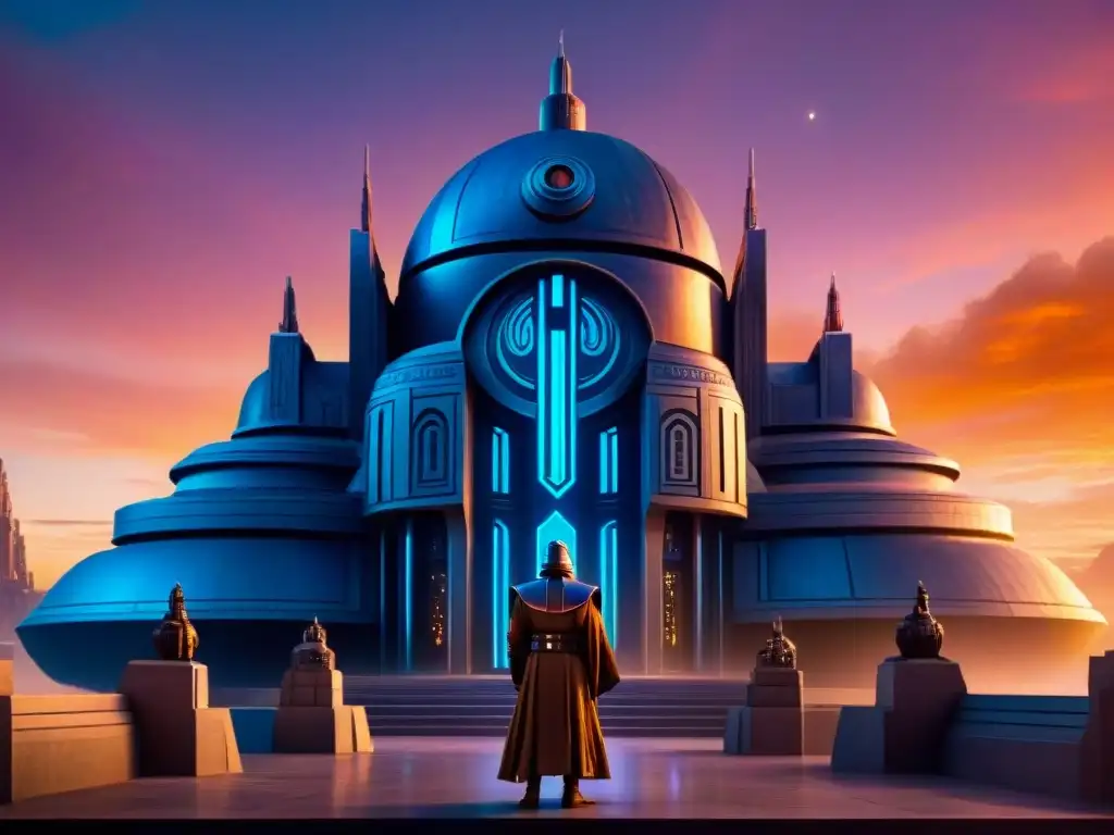 Majestuoso templo Jedi en Coruscant al atardecer, reflejando el Sistema de Creencias en Star Wars