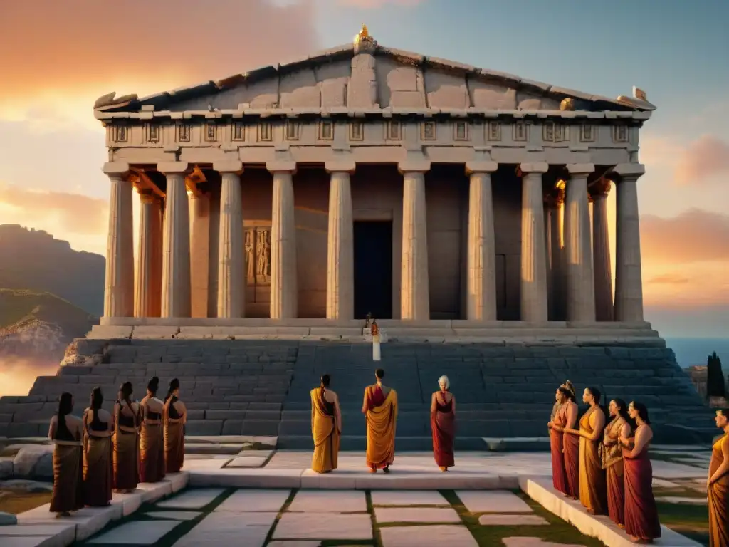 Un majestuoso templo griego iluminado por antorchas al atardecer