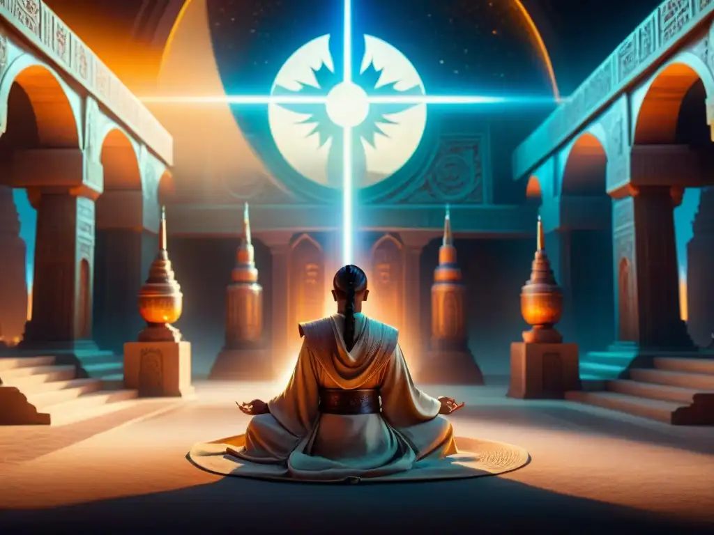 Majestuoso templo Jedi con practicantes en meditación bajo gemelos soles, reflejando la religión en mundos ficticios scifi