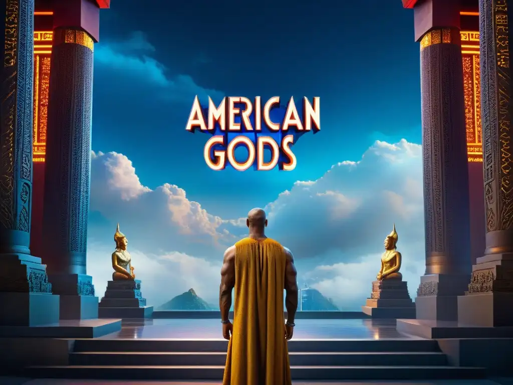 Un majestuoso templo con carvings de seres míticos y símbolos divinos en 'American Gods'