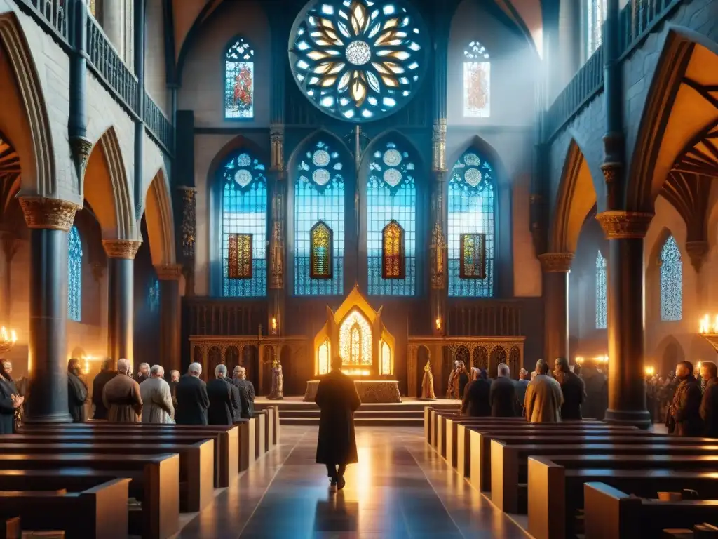 Un majestuoso templo en Westeros con escenas religiosas en vidrieras