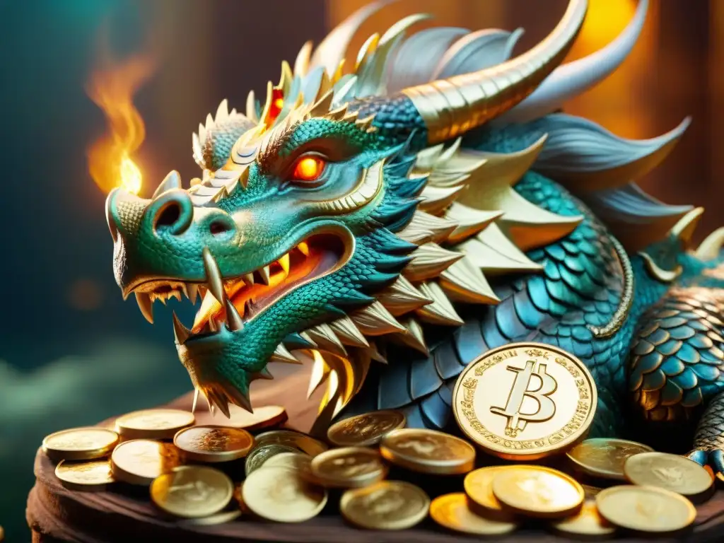 Un majestuoso dragón protege un tesoro de monedas de oro, evocando conflictos económicos en sagas fantásticas