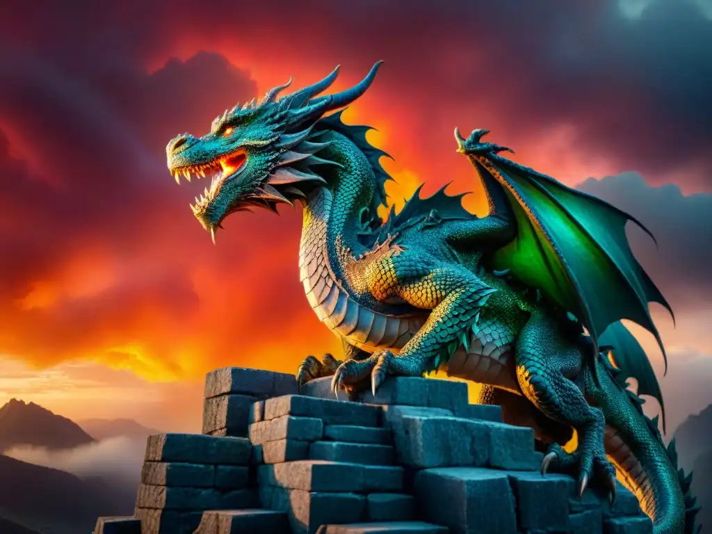 Dragón majestuoso en torre en ruinas: escala 8k Dragón majestuoso en torre, cielo rojo en llamas