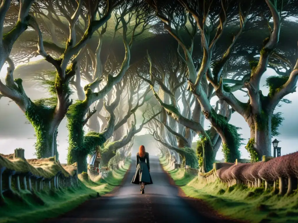 Majestuoso túnel de árboles en la impresionante Dark Hedges de Irlanda del Norte, evocando las localizaciones de rodaje de Juego de Tronos