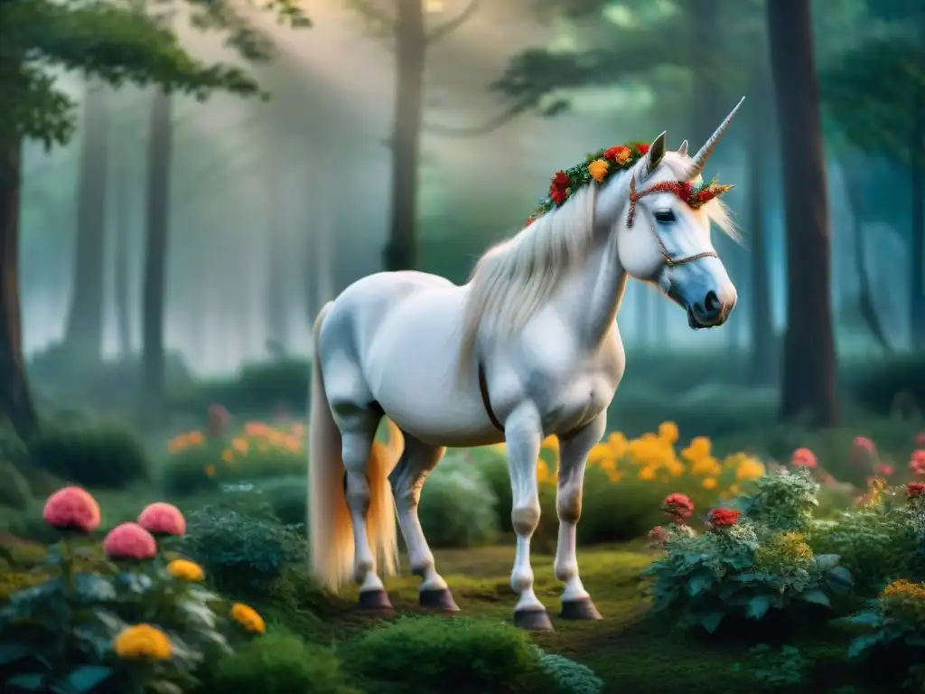 Un majestuoso unicornio adornado con patrones florales en un bosque místico lleno de flores vibrantes y de gran tamaño que parecen brillar con energía mágica bajo la luz de la luna