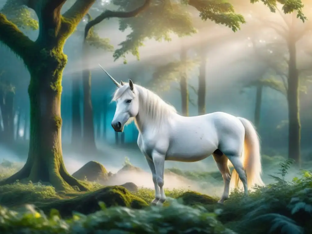 Un majestuoso unicornio blanco en el borde de un bosque místico bajo la luz de la luna