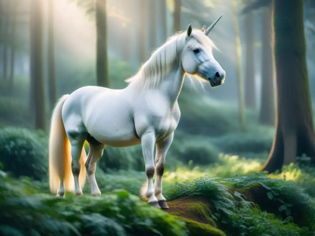 Un majestuoso unicornio blanco en un bosque místico, lleno de colores vibrantes y criaturas mágicas