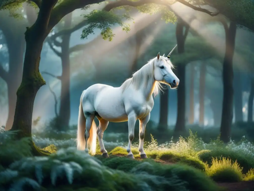 Un majestuoso unicornio blanco con cuerno plateado en un bosque místico al atardecer