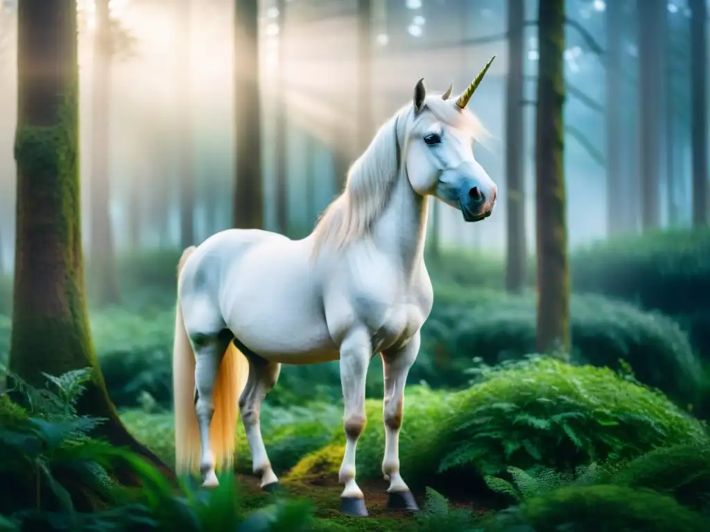 Un majestuoso unicornio en un bosque encantado, con aura de magia y misterio