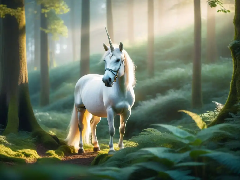 Un majestuoso unicornio en un bosque europeo místico al amanecer