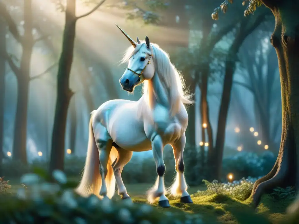 Un majestuoso unicornio en un bosque místico al atardecer, iluminado por un resplandor etéreo