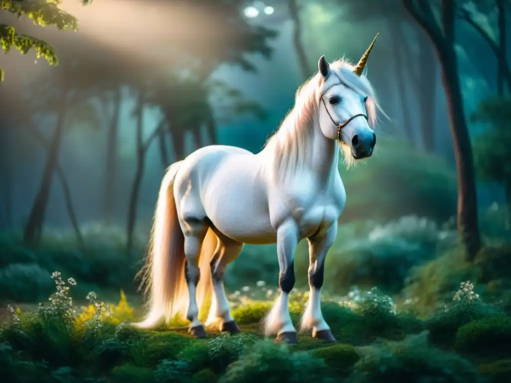 Un majestuoso unicornio en un bosque místico al anochecer, rodeado de luciérnagas y un aura mágica