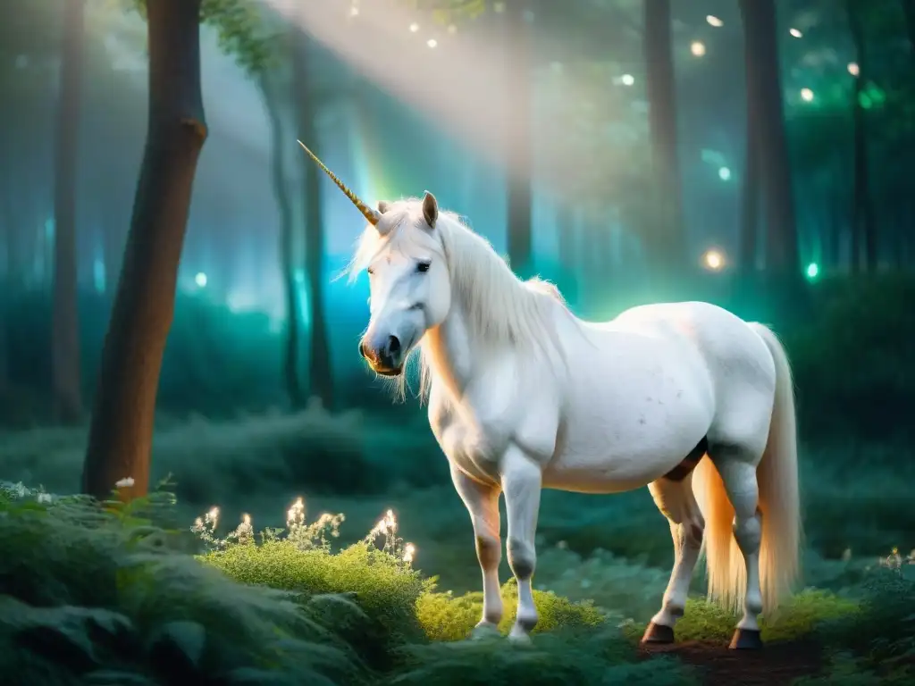 Un majestuoso unicornio en un bosque místico, rodeado de luciérnagas, emana una aura mágica