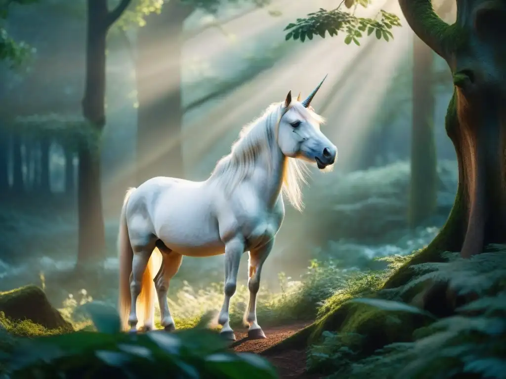 Un majestuoso unicornio en un bosque místico al amanecer, su cuerno iridiscente resplandece